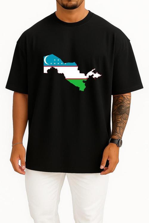 Oversize Flag Of Uzbekistan Özbekistan Haritası Göğüs Tasarımlı Unisex T-Shirt