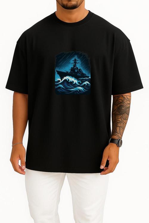 Oversize Fırtına Destroyer – Navy Wave Savaş Gemisi Göğüs Tasarımlı Unisex T-Shirt
