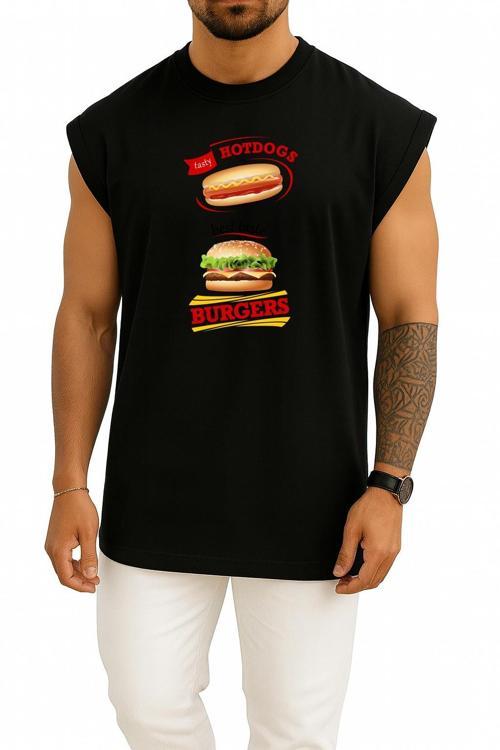 Oversize Sosisli Ve Hamburger İllüstrasyon, Hamburger Fast Food Göğüs Tasarımlı Atlet