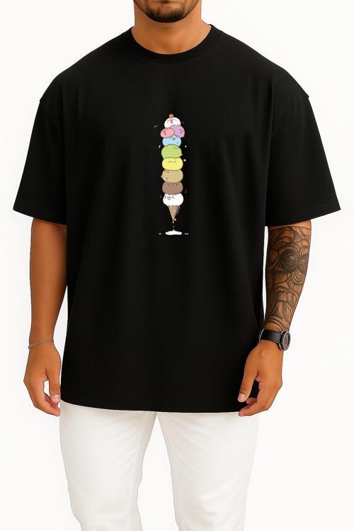 Oversize Dondurma Kedi Çizim Kavaii, Karikatür Göğüs Tasarımlı Unisex T-Shirt