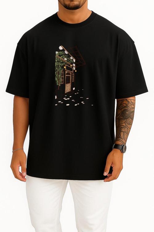 Oversize Kahverengi Ahşap Kapı İllüstrasyon Göğüs Tasarımlı Unisex T-Shirt