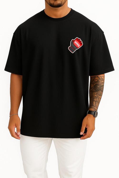 Oversize Mma Box Eldiveni Cep ve Sırt Tasarımlı Unisex T-Shirt