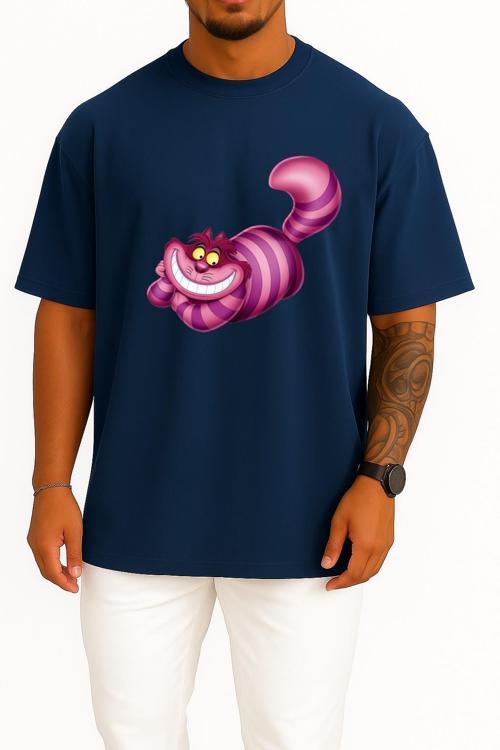 Oversize Alice Harikalar Diyarında Cheshire İllüstrasyon Göğüs Tasarımlı Unisex T-Shirt