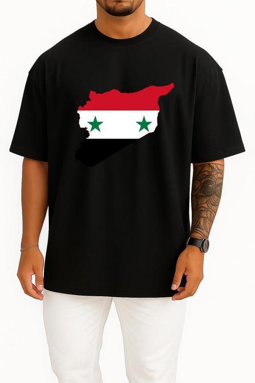Oversize Suriye Bayrağı Haritası Göğüs Tasarımlı Unisex T-Shirt
