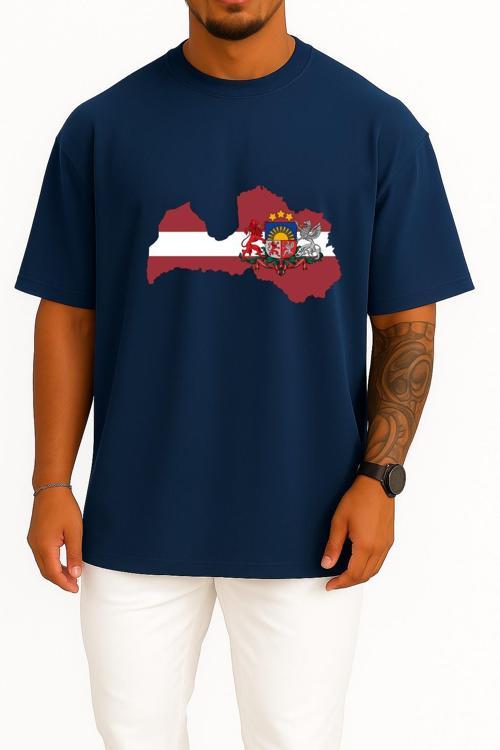 Oversize Latvia Map - Litvanya Haritası Göğüs Tasarımlı Unisex T-Shirt