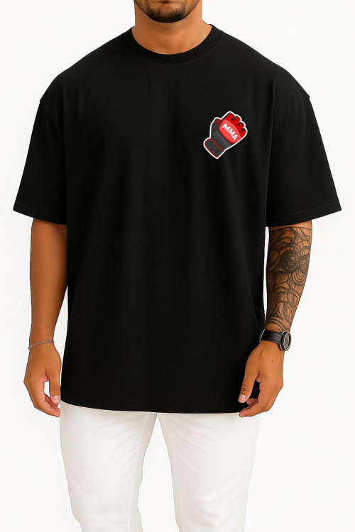 Oversize Mma Box Eldiveni Cep ve Sırt Tasarımlı Unisex T-Shirt