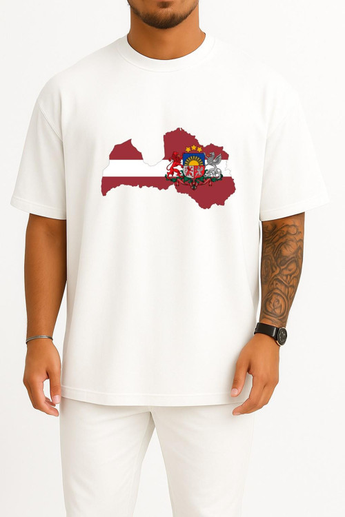 Oversize Latvia Map - Litvanya Haritası Göğüs Tasarımlı Unisex T-Shirt