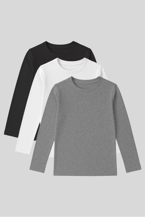 Standart Fit Basic O Yaka 3lü Paket Gri Melanj-Antrasit-Beyaz Unisex Çocuk T-Shirt - 11329