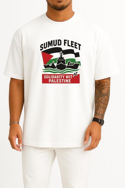 Oversize Sumud Fleet Göğüs ve Sırt Tasarımlı Unisex T-Shirt