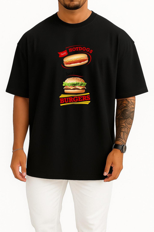 Oversize Sosisli Ve Hamburger İllüstrasyon, Hamburger Fast Food Göğüs Tasarımlı Unisex T-Shirt