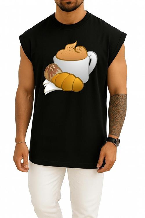 Oversize Kahve Croissant Kahvaltı Göğüs Tasarımlı Atlet