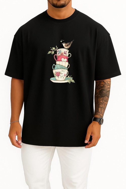 Oversize Kuş Ve Çay Fincanı, Çay Fincanı Havlu Çaydanlık Göğüs Tasarımlı Unisex T-Shirt