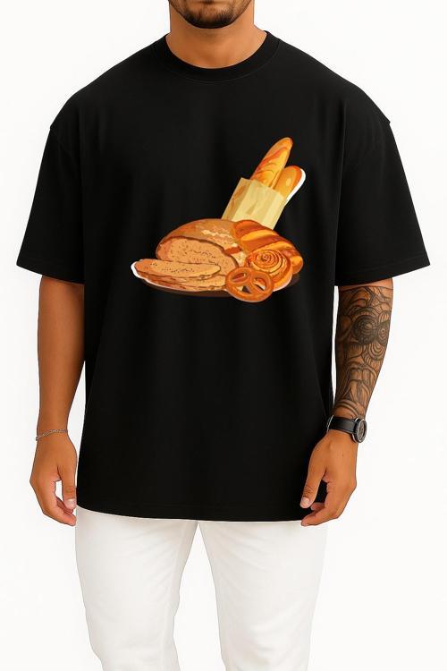 Oversize Baget Kruvasan Ekmek Simit Ekmek Hamur İşi Göğüs Tasarımlı Unisex T-Shirt