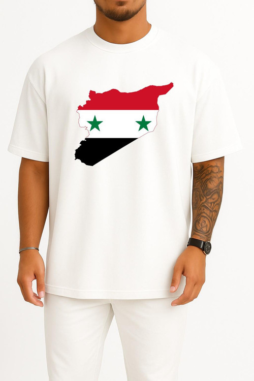 Oversize Suriye Bayrağı Haritası Göğüs Tasarımlı Unisex T-Shirt