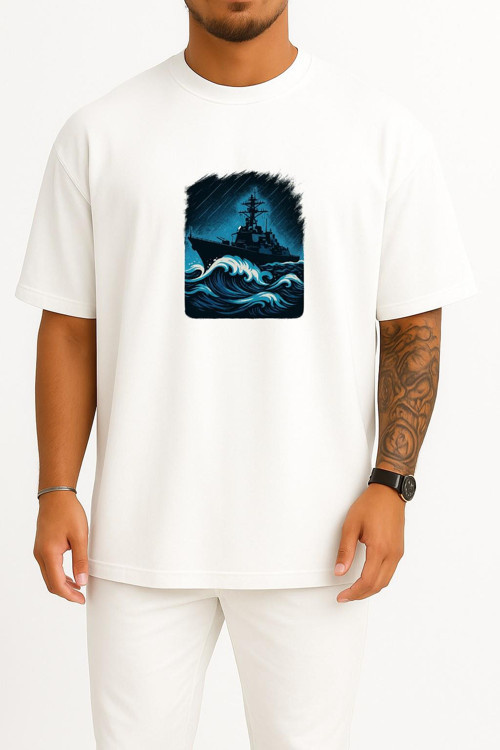 Oversize Fırtına Destroyer – Navy Wave Savaş Gemisi Göğüs Tasarımlı Unisex T-Shirt