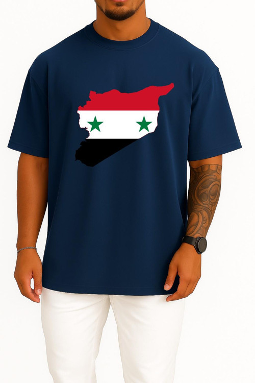 Oversize Suriye Bayrağı Haritası Göğüs Tasarımlı Unisex T-Shirt