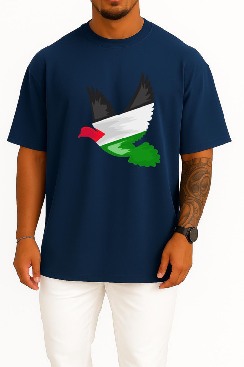 Oversize Barış Güvercini Filistin Göğüs Tasarımlı Unisex T-Shirt