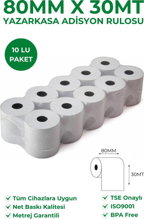 80X30 Termal Rulo - Yazarkasa Adisyon Rulosu 20 Paket 200 Adet