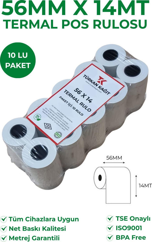 56X14 Termal Rulo - Yazarkasa Pos Rulosu - 20 Paket 200 Adet