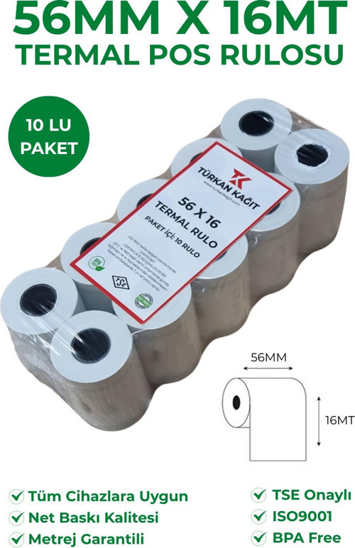 56X16 Termal Rulo - Yazarkasa Pos Rulosu 40 Paket 400 Adet