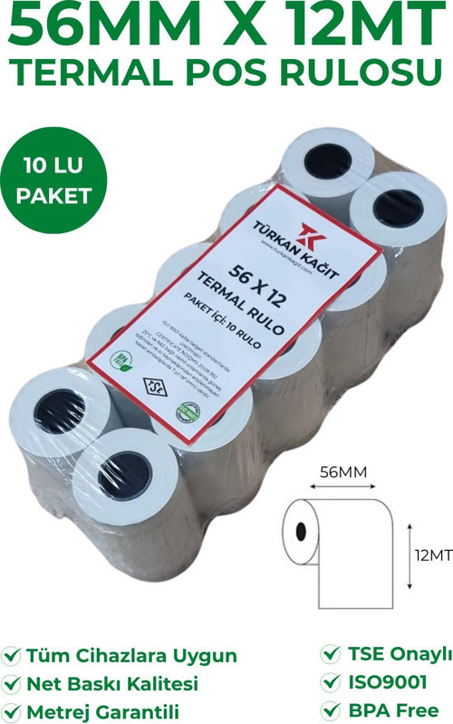 56X12 Termal Rulo - Yazarkasa Pos Rulosu 50 Paket 500 Adet