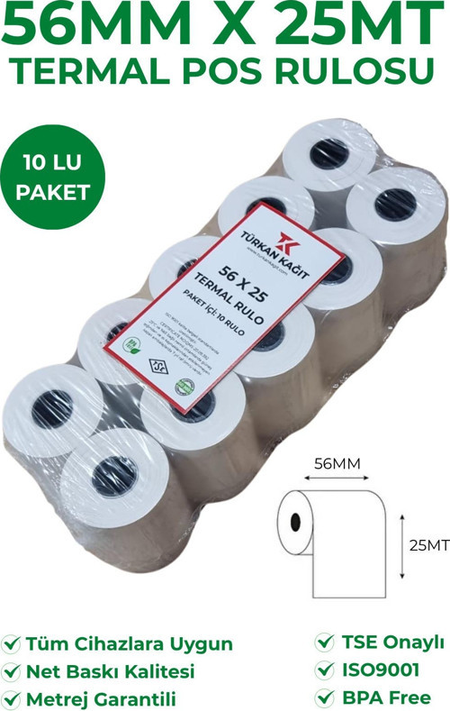 56X25 Termal Rulo 1 Paket 10 Adet Yazarkasa Pos Rulosu - Pos Kağıdı