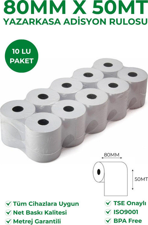 80X50 Termal Rulo - Yazarkasa Adisyon Rulosu 10 Paket 100 Adet