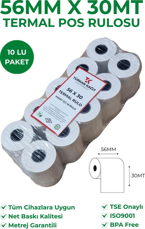 56X30 Termal Rulo - Yazarkasa Pos Rulosu 5 Paket 50 Adet