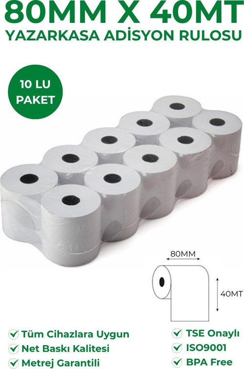 80X40 Termal Rulo - Yazarkasa Adisyon Rulosu 1 Paket 10 Adet