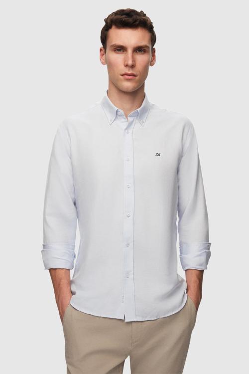 Ds Damat Slim Fit Mavi Oxford Düğmeli Yaka Kolay Ütülenebilir Nakış Detaylı Pamuklu Gömlek