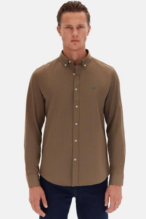 Ds Damat Slim Fit Haki Oxford Düğmeli Yaka Kolay Ütülenebilir Nakış Detaylı Pamuklu Gömlek