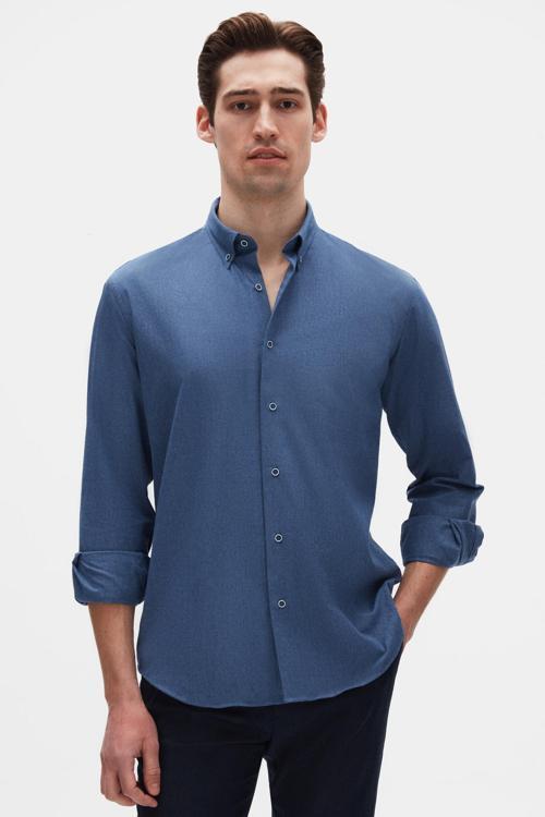 Regular Fit İndigo Düz Kışlık Flanel Gömlek