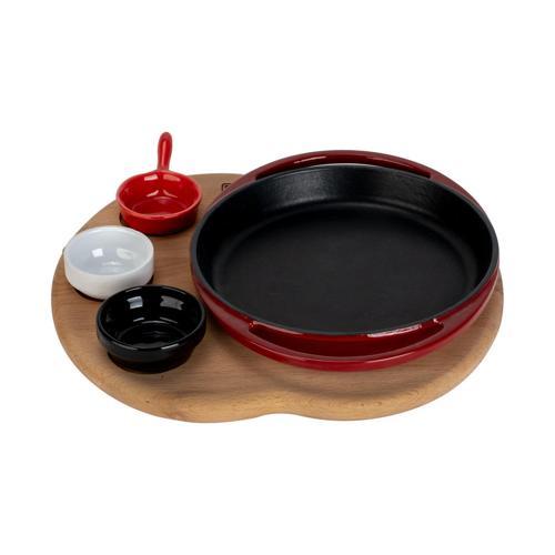 Yuvarlak Sahan Döküm Demir Yekpare Çift Kulplu Kayın Servis Ahşabı Çap(Ø)20cm.