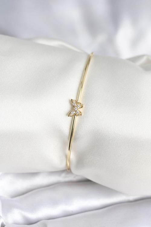 Kelebek Figürlü Zirkon Taşlı Gold Renk Pirinç Kadın Bileklik 8002