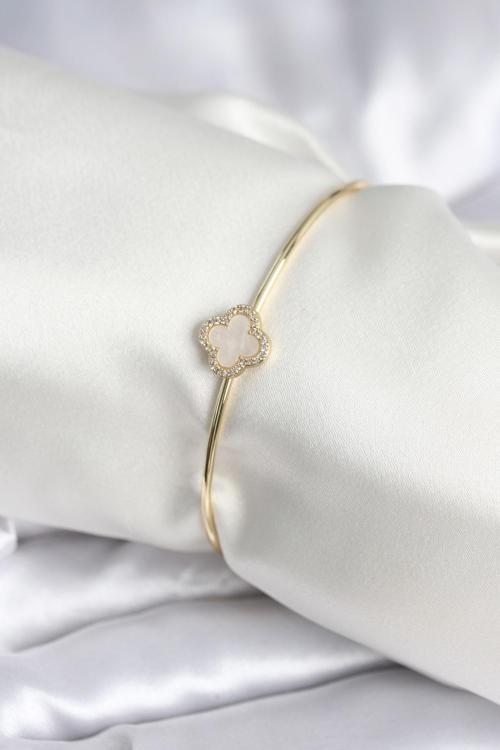 Beyaz Sedefli Yonca Model Gold Renk Kadın Bileklik 8005