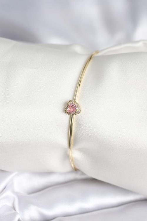 Pembe Zirkon Taşlı Kalp Model Gold Renk Kadın Bileklik 8001