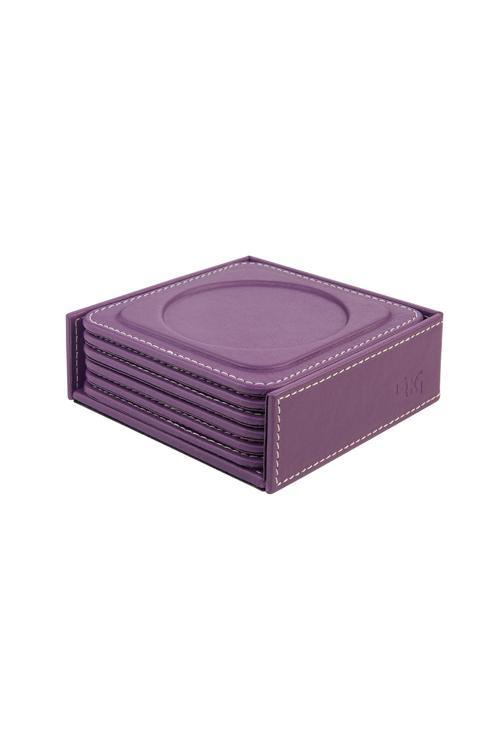 Bardak Altlığı,6’lı Set,Masaüstü Yuvarlak Cup Coaster,Vegan Suni Deri,11x11 cm.,Lila