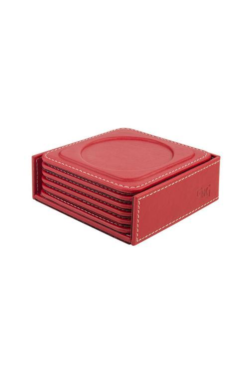Bardak Altlığı,6’lı Set,Masaüstü Yuvarlak Cup Coaster,Vegan Suni Deri,11x11 cm.,Kırmızı