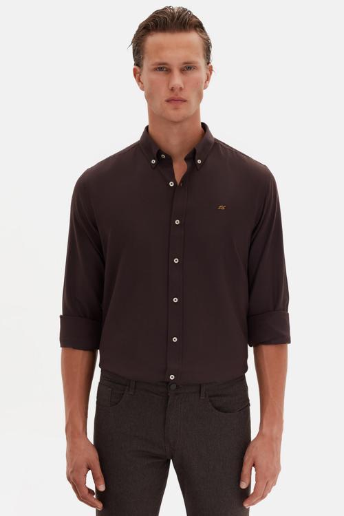 Slim Fit Acı Kahve Oxford Düğmeli Yaka Kolay Ütülenebilir Nakış Detaylı Pamuklu Gömlek