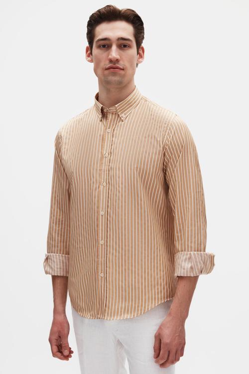 Slim Fit Bej Çizgili Gömlek