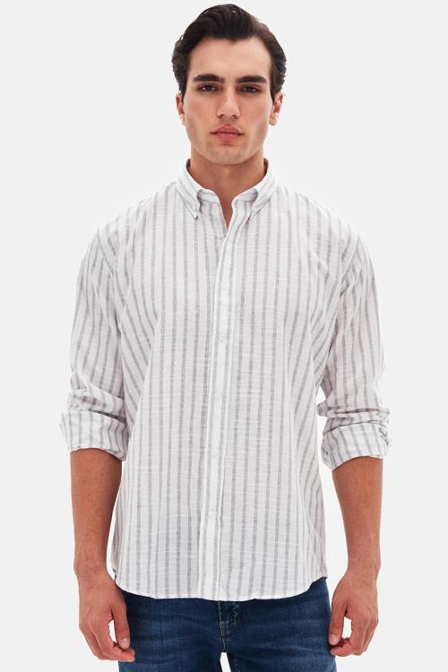 Slim Fit Gri Çizgili %100 Pamuk Yazlık Keten Gömlek