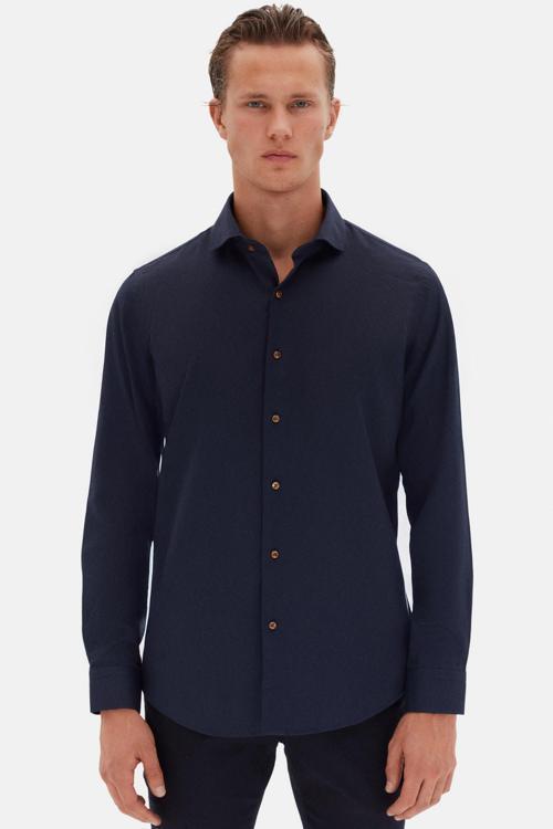 Ds Damat Slim Fit Lacivert İtalyan Yaka Armürlü Uzun Kollu Kolay Ütülenebilir Nefes Alan Dört Mevsim Gömlek
