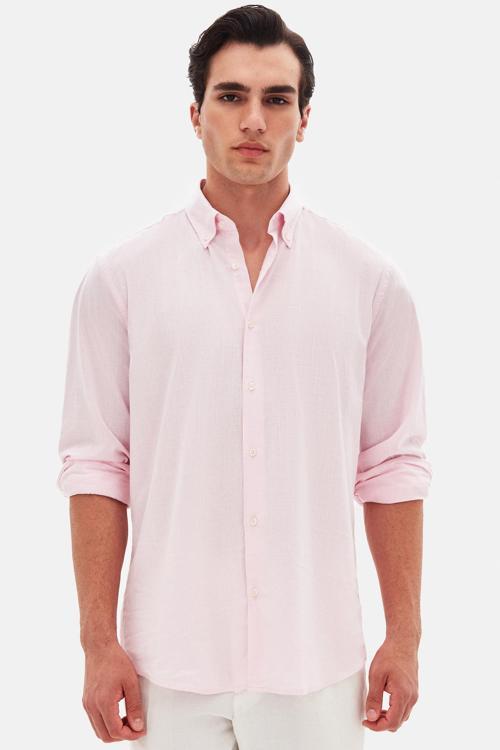 Ds Damat Comfort Pembe Düğmeli Yaka Rahat Kesim Keten Görünümlü %100 Pamuk Gömlek