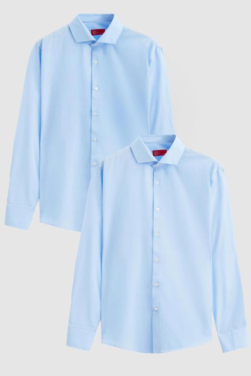 Slim Fit Açık Mavi İtalyan Yaka Kolay Ütülenebilir 2'Li Gömlek