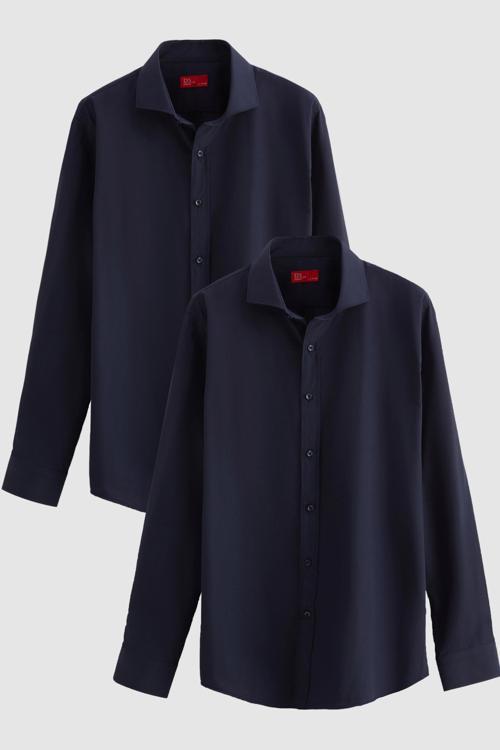 Ds Damat Slim Fit Lacivert İtalyan Yaka Kolay Ütülenebilir 2'Li Gömlek