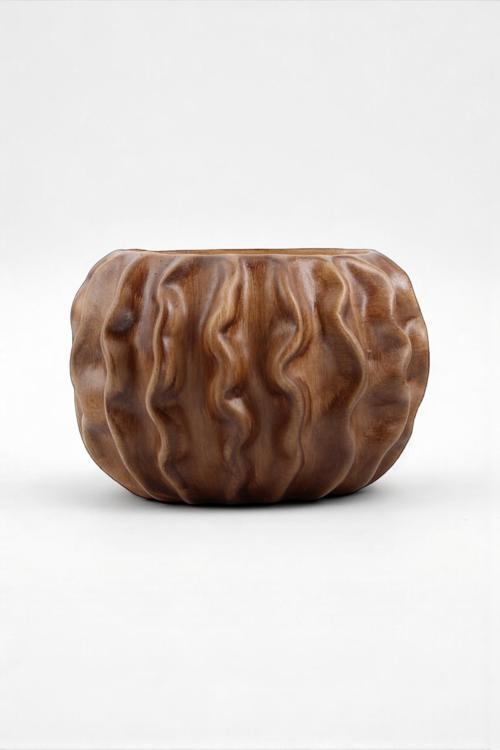 Tactus Oval Dalgalı Ahşap Seramik Dekoratif Vazo (21x14 cm)