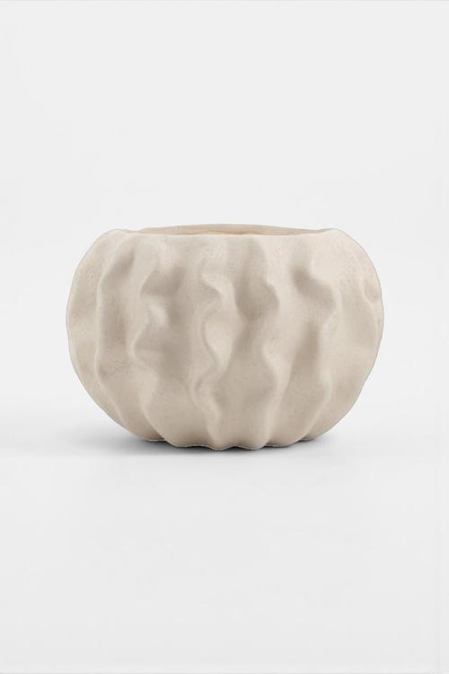 Tactus Oval Dalgalı Bej Seramik Dekoratif Vazo (21x14 cm)