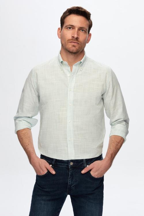 Ds Damat Slim Fit Yeşil İnce Çizgili %100 Pamuk Yazlık Keten Gömlek