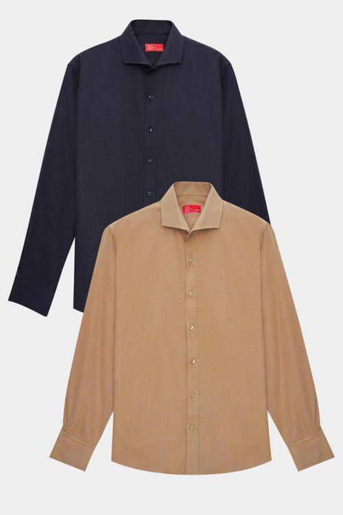 Slim Fit Lacivert/Kahverengi İtalyan Yaka Kolay Ütülenebilir 2'Li Gömlek