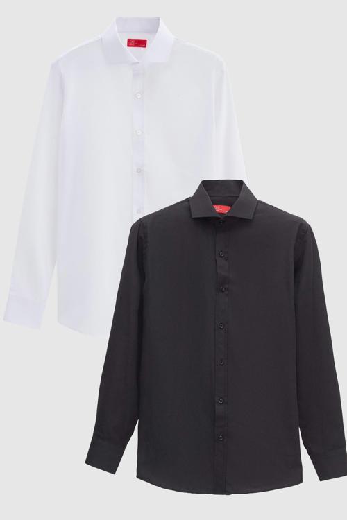 Slim Fit Siyah/Beyaz İtalyan Yaka Kolay Ütülenebilir 2'Li Gömlek